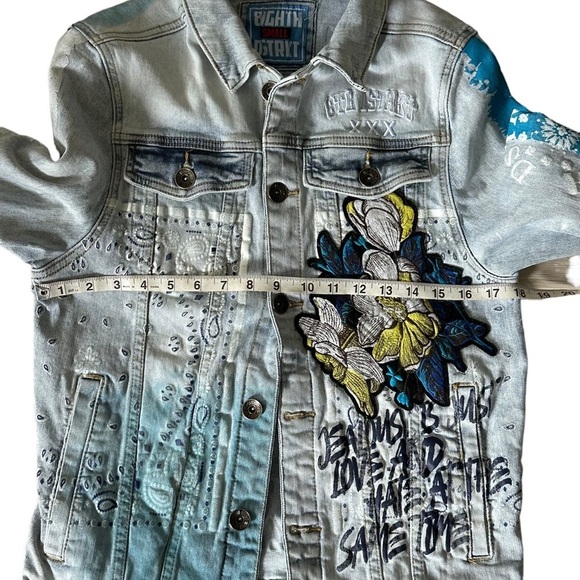 8IGHTH DSTRKT Denim Jean Jacket Embroidered Jealousy Just Love Man S/M Women - Picture 8 of 16